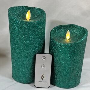 Lot of 2 Luminara Real Flameless Candles Pillar Glitter Teal Green Remote Candle